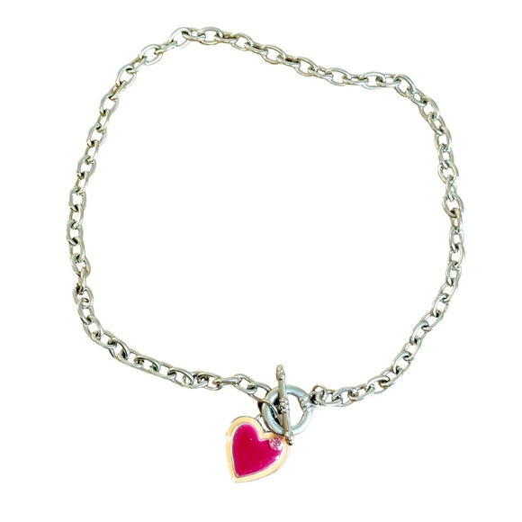 Vintage Y2K Bimbocore Pink Heart Rhinestone Toggle Closure Chain Necklace - Picture 3 of 6